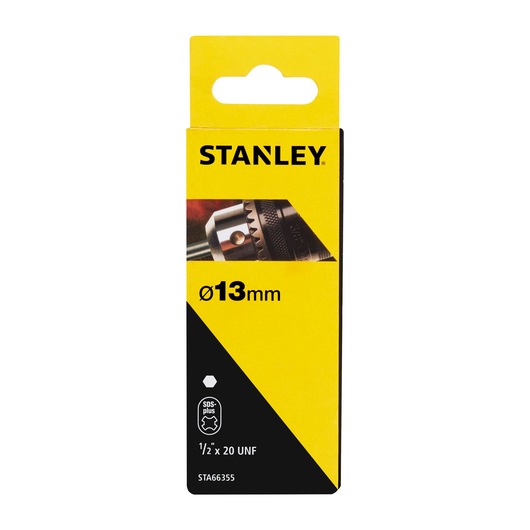 STANLEY STA66355 drill chuck box, 13mm, yellow and black packaging, front angle, photography product.