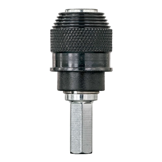STANLEY STA66371 hex shank drill chuck adapter, black and silver, front angle on white background.