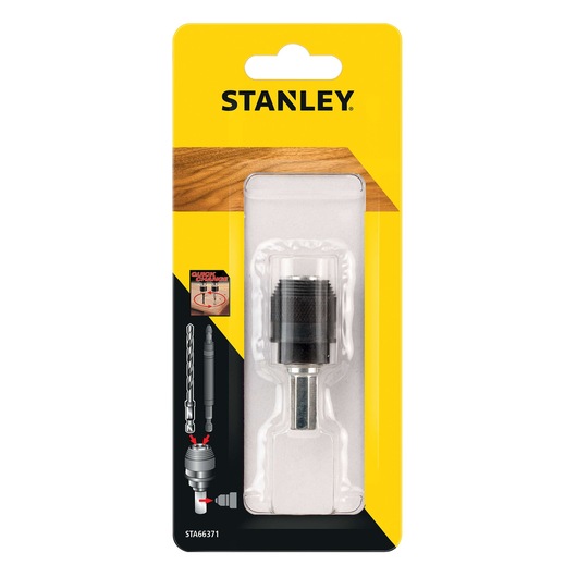 STANLEY STA66371 drill chuck adapter in retail packaging, front angle, yellow and black blister pack.