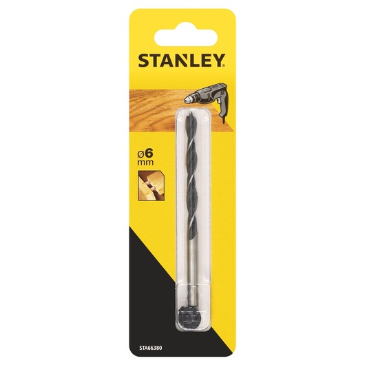 STANLEY STA66380 wood drill bit 6mm in retail packaging, front angle, yellow and black design.