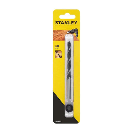 STANLEY STA66381 8mm wood drill bit in retail packaging, front angle, yellow and black card.