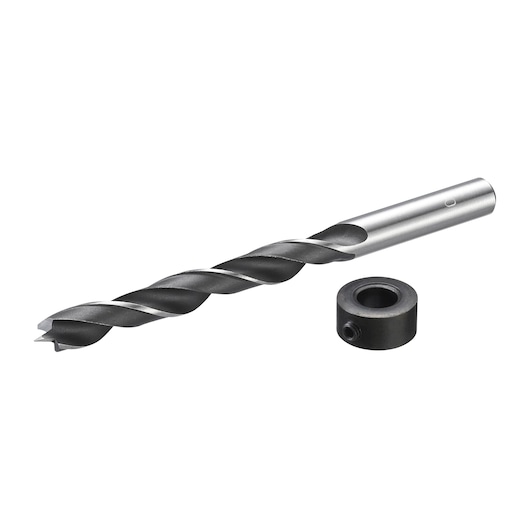 STANLEY STA66382 drill bit and stop collar, black and silver, shown on white background, front angle.