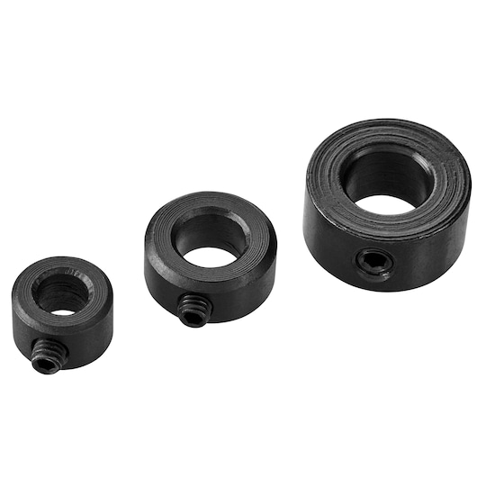 STANLEY STA66384 drill stop collar set, three black round steel collars, front angle on white background.