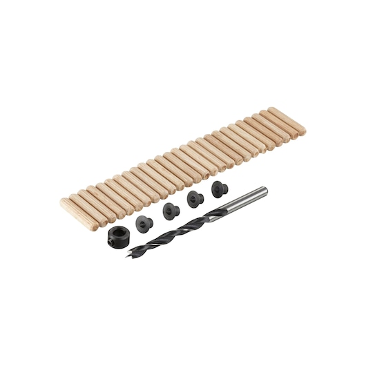 STANLEY STA66400 dowel kit with wooden dowels, black drill bit, stops, and markers, top view photo.