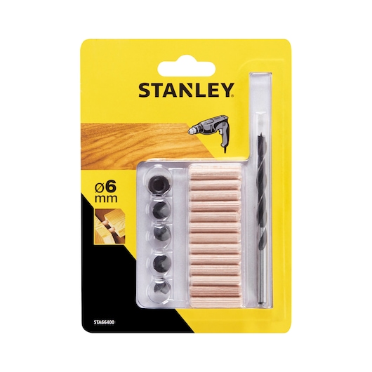 STANLEY STA66400 dowel kit with drill bit and wood dowels, product packaging, front angle.
