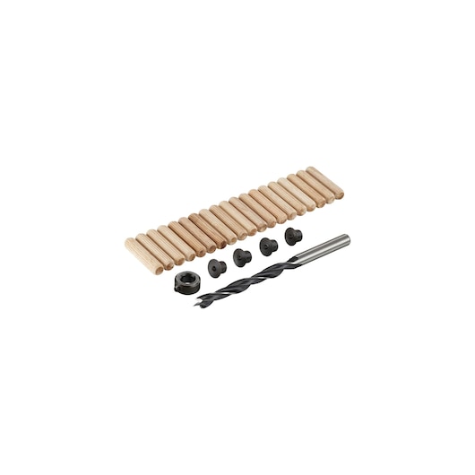 STANLEY STA66401 dowel and drill kit, wood dowels and black accessories, front angle, white background.