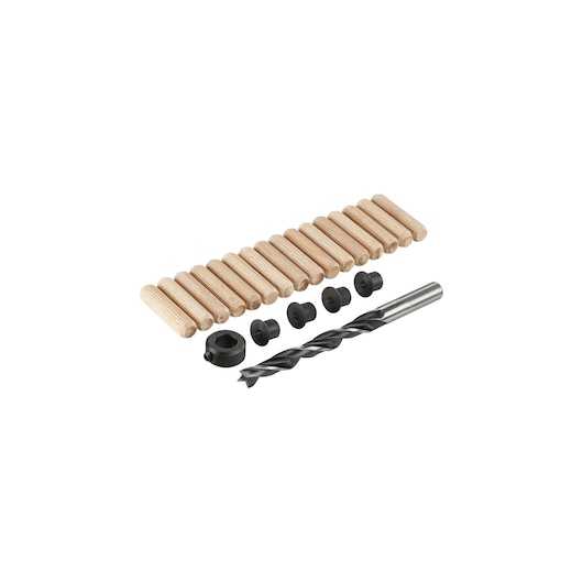 STANLEY STA66402 photography of dowel kit with wooden dowels, drill bit, and black accessories, front angle.