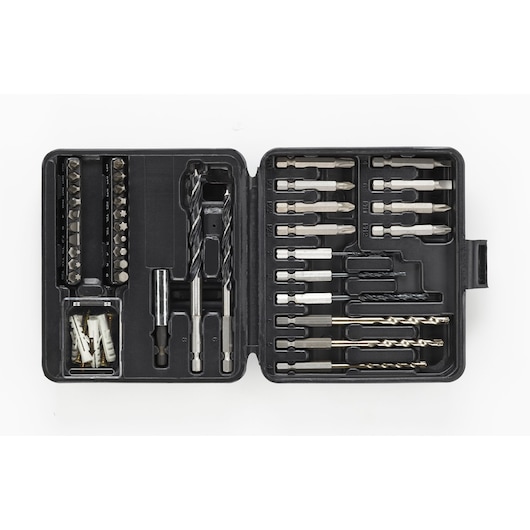 STANLEY STA66418 drill and screwdriver bit set in black plastic case, top view, showing assorted bits and accessories.