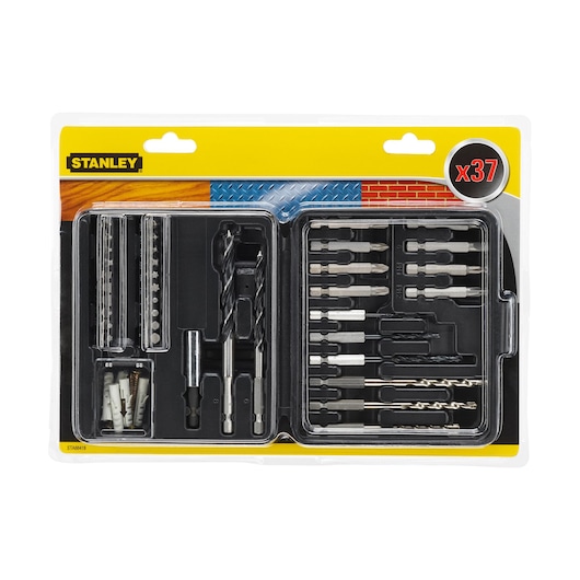 STANLEY STA66418 drill and screwdriver bit set, 37 pieces, front view, in plastic packaging.