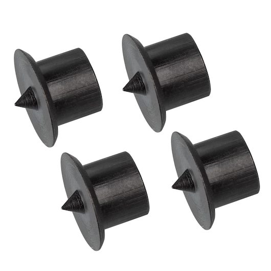 Photo of four STANLEY STA66421 black plastic dowel centers with conical points, top view on white background.