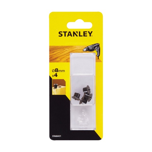 STANLEY STA66421 8mm dowel centers set of 4 in retail packaging, front view on white background.