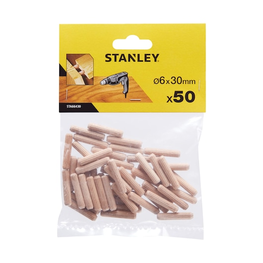 Stanley STA66430 wood dowels in clear packaging, 6x30mm, pack of 50, front angle.