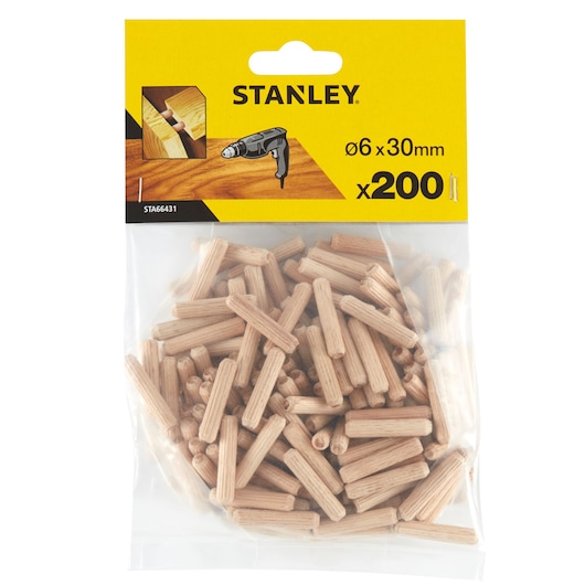 Photo of STANLEY STA66431 wooden dowels, 6x30mm, pack of 200, front view packaging.