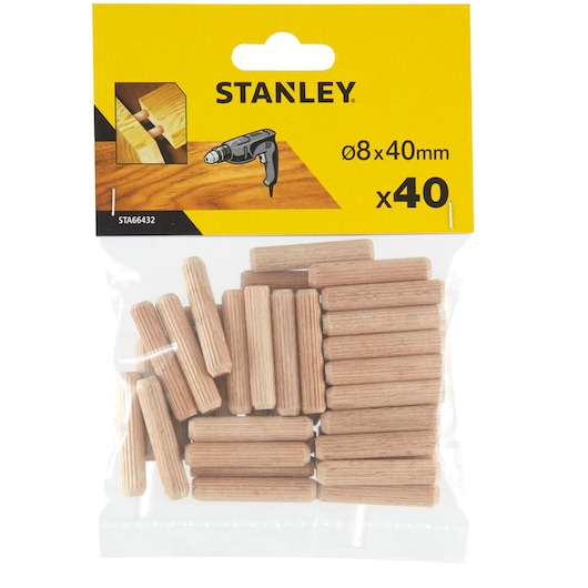 STANLEY STA66432 wood dowels 8x40mm pack of 40, product photo on white background.