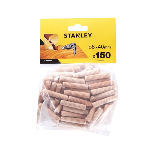 STANLEY STA66433 bag of 150 wood dowels, 8x40mm, front view on white background, clear packaging.