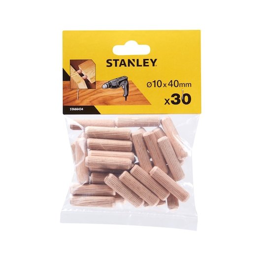Photo of STANLEY STA66434 wooden dowels, pack of 30, 10x40mm, front angle on white background.