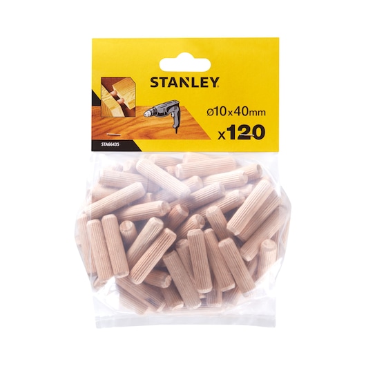 STANLEY STA66435 pack of 120 wooden dowels, 10x40mm, front view on white background.