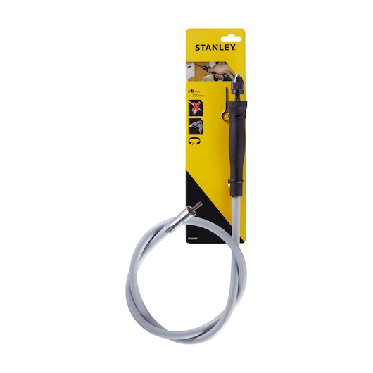 STANLEY STA66457 flexible shaft for rotary tool, black handle and grey cable, photography, front angle, on white background.