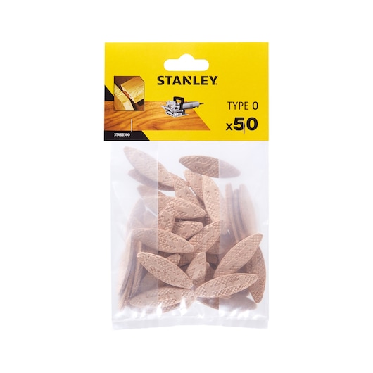 STANLEY STA66500 Type 0 wood biscuits pack, carpentry accessory, front angle, 50 pieces visible.