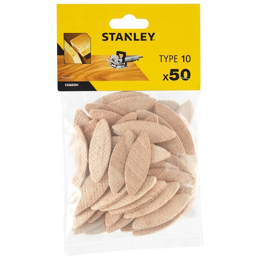 Photo of STANLEY STA66501 pack of 50 Type 10 wood biscuits in clear packaging, front angle.