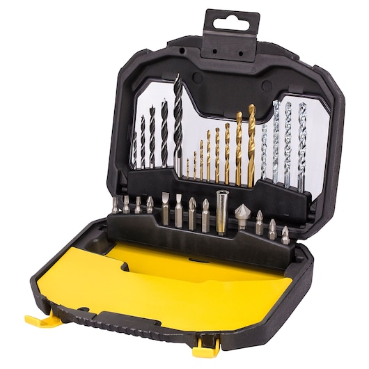 STANLEY STA7183 drill and screwdriver bit set in black and yellow hard case, front angle, assorted bits visible.