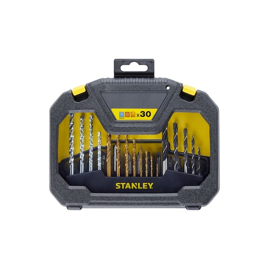 Stanley STA7183 drill bit set in black and yellow hard case, front view, containing 30 assorted pieces.