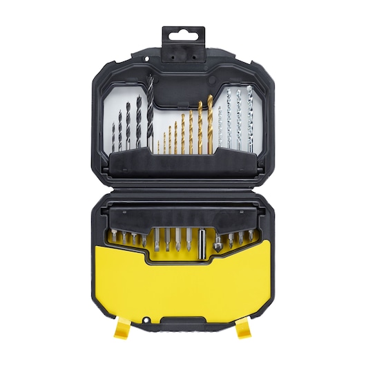 STANLEY STA7183 drill and bit set in black and yellow hard case, front angle, bits organized by type.