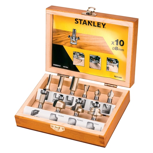 STANLEY STA80020 router bit set in wooden box, showing 10 assorted bits with labeled slots, angled view.