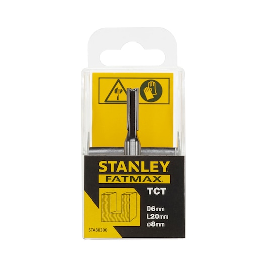 STANLEY STA80300 TCT router bit in clear packaging, front angle, black and yellow label with specifications.