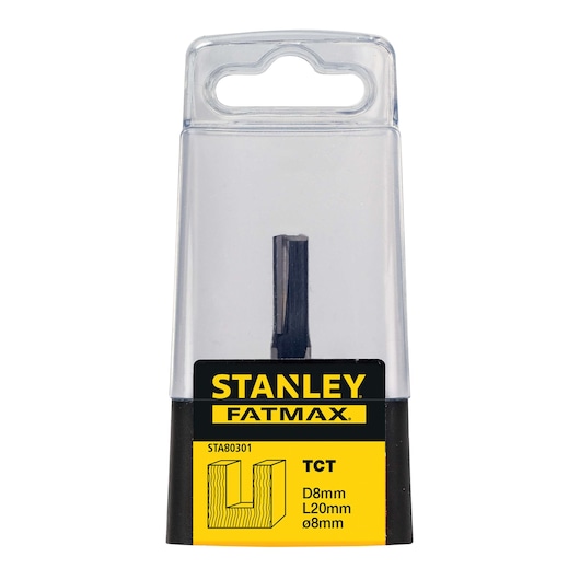Photo of STANLEY STA80301 TCT router bit in clear packaging, front angle, yellow and black label.