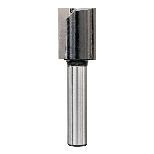 STANLEY STA80302 straight router bit, silver and black, front angle, product photography.