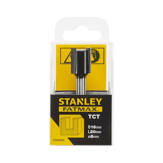 Photo of STANLEY STA80302 TCT router bit in packaging, FATMAX series, front view on white background.
