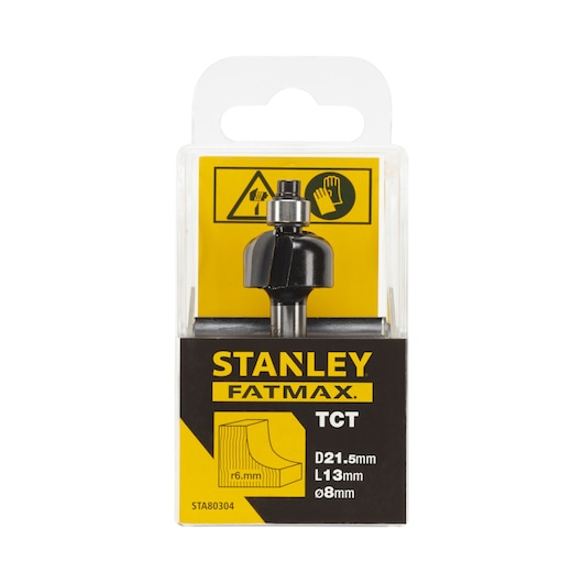 STANLEY STA80304 router bit in black and silver, FATMAX packaging, front angle, photography.