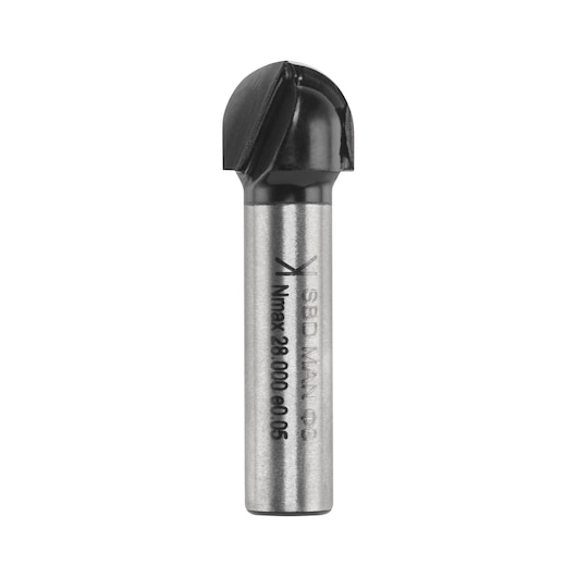 Photo of STANLEY STA80305-XJ round nose router bit, silver and black, front angle, on white background.