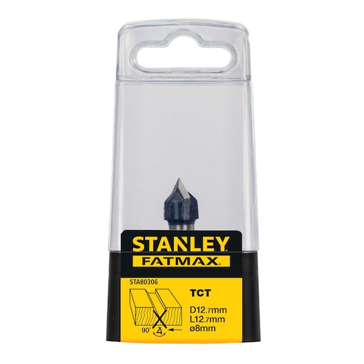 STANLEY STA80306 router bit in transparent packaging, yellow label, front angle, FATMAX series.