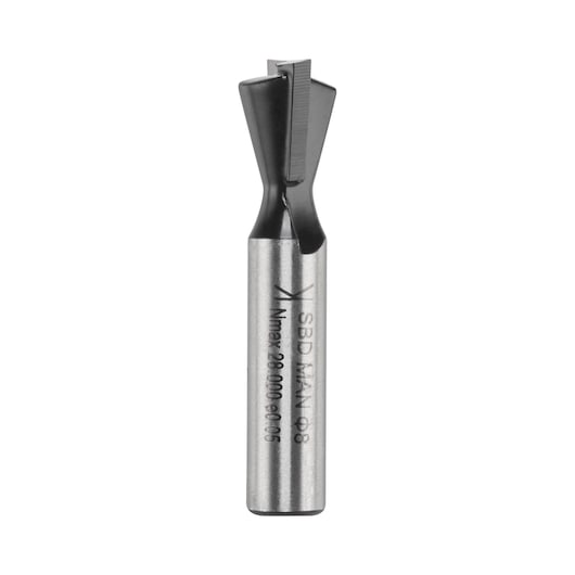 Photo of STANLEY STA80308 dovetail router bit, silver and black, front angle, tool for woodworking.