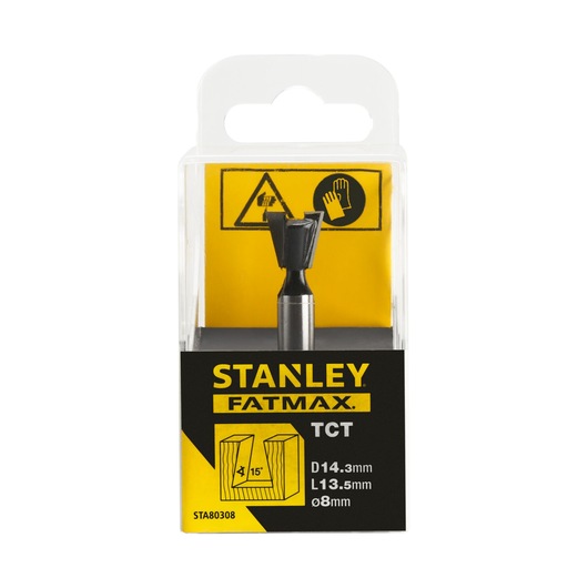 Photo of STANLEY STA80308 FATMAX TCT router bit in packaging, black and yellow box, front angle.