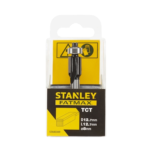 STANLEY STA80309 router bit front angle in clear plastic packaging with black and yellow label.