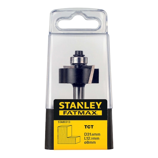 Stanley STA80313 TCT router bit in clear packaging front view, yellow label with specifications.