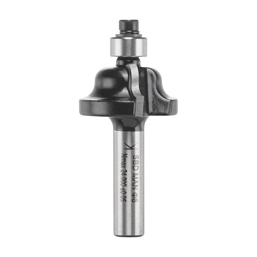 STANLEY STA80315 router bit, front angle, silver shaft with black cutting head, isolated on white.