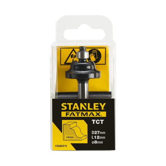 STANLEY STA80315 router bit in clear packaging, FATMAX label, black curved bit, front angle on white background.