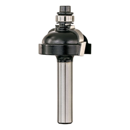 STANLEY STA80316 black and silver roundover router bit, photography, front view on white background.