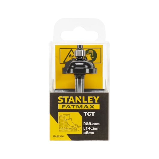 Photo of STANLEY FatMax TCT router bit STA80316 in retail packaging, front angle, black and yellow design.