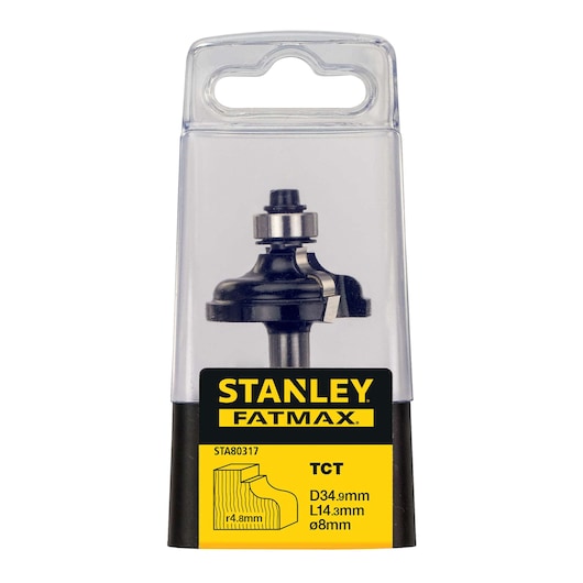 Photo of STANLEY STA80317 router bit in plastic packaging, FATMAX label, yellow and black front view.