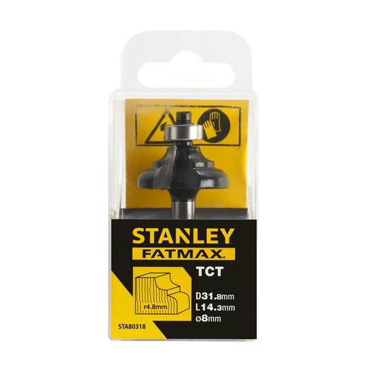STANLEY STA80318 TCT router bit in packaging, front angle, with FATMAX branding and size details.