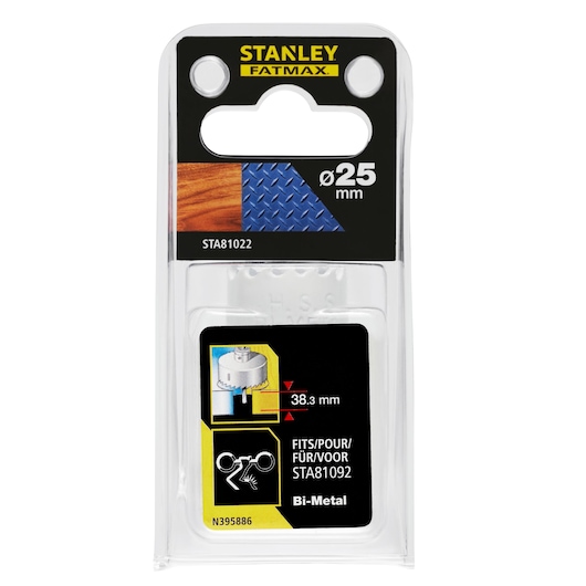 Photo of STANLEY STA81022 bi-metal hole saw, 25 mm diameter, packaged, front view on white background.