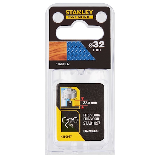 STANLEY STA81032 hole saw 32mm bi-metal in clear retail packaging, front angle.