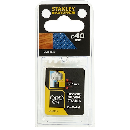 Stanley STA81047 bi-metal hole saw, 40 mm diameter, photo of retail packaging on white background.