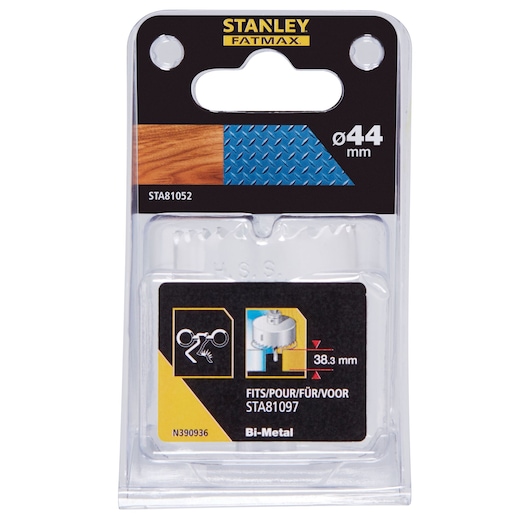 STANLEY STA81052 bi-metal hole saw, 44 mm, photography of retail packaging front on white background.
