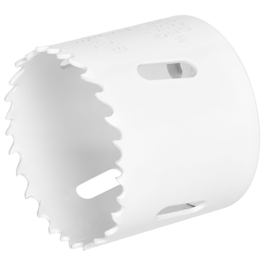 STANLEY STA81057 hole saw with sharp teeth, white finish, photography of side angle on white background.